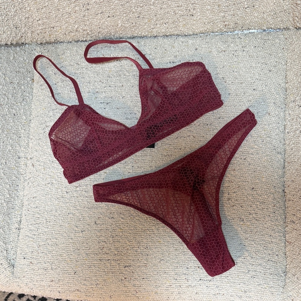 NWOT - Else  Burgundy Sheer Lace Bikini Thong Bralette Set - S